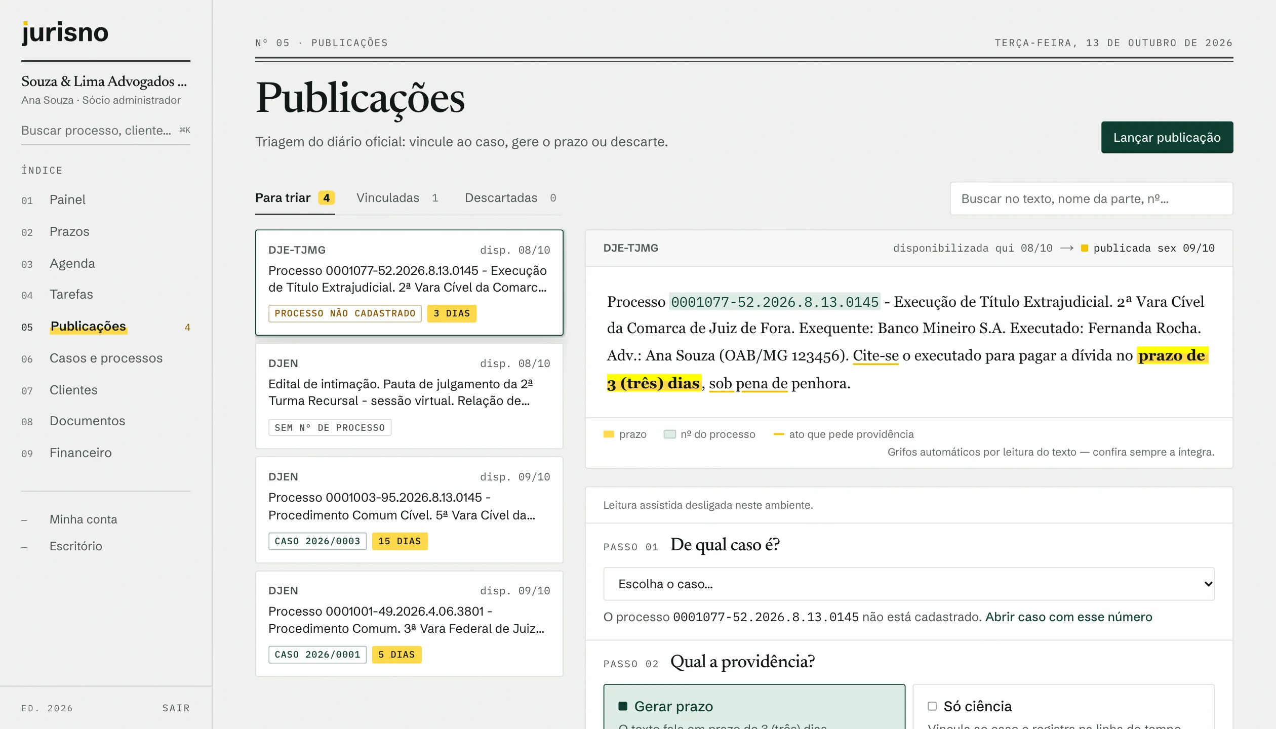 Triagem de publicações do diário oficial com o prazo e o número do processo grifados