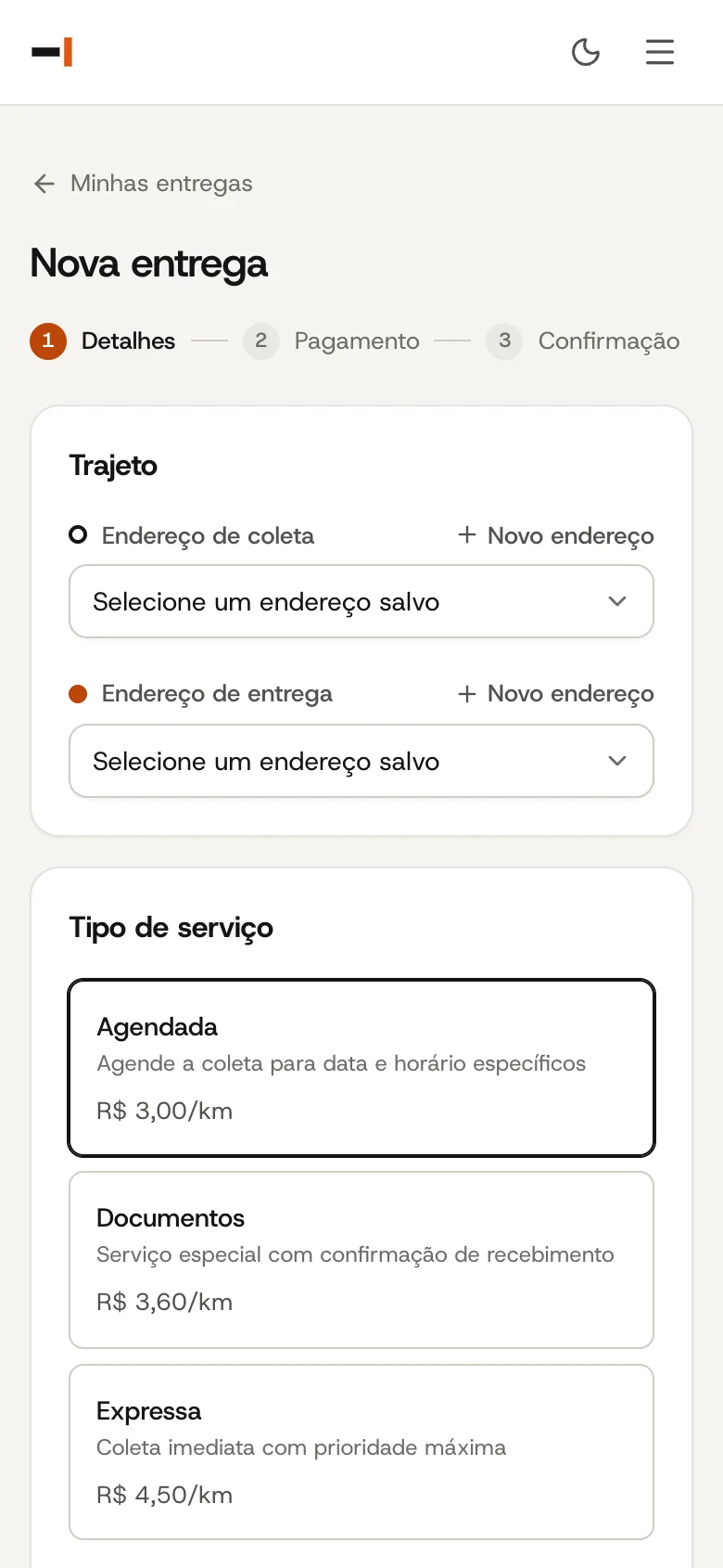 Empresa cliente abrindo uma nova entrega e escolhendo o tipo de serviço