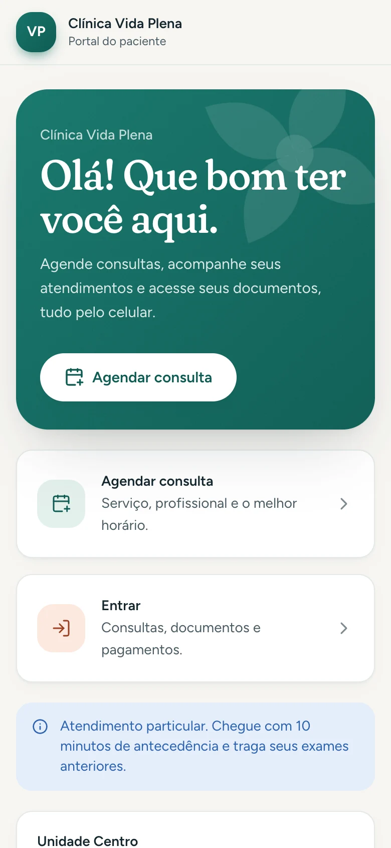 Portal do paciente da clínica no celular, com o botão para agendar consulta
